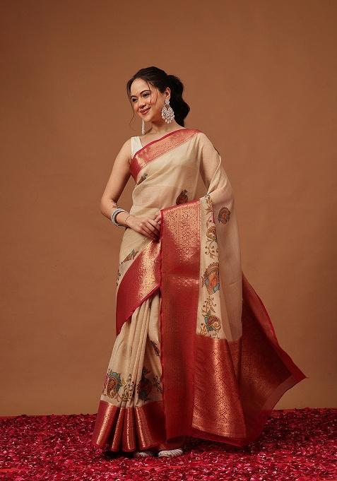 Beige Printed Georgette Saree Set