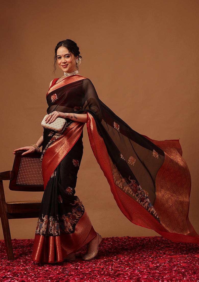 Black Printed Georgette Saree Set - Indya