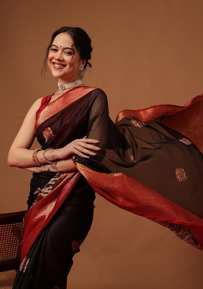 Black Printed Georgette Saree Set - Indya