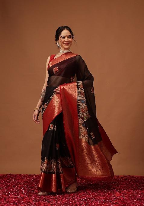 Black Printed Georgette Saree Set