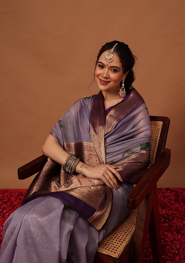 Lavender Printed Georgette Saree Set - Indya