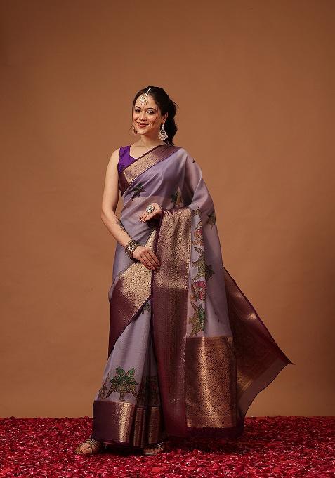Lavender Printed Georgette Saree Set