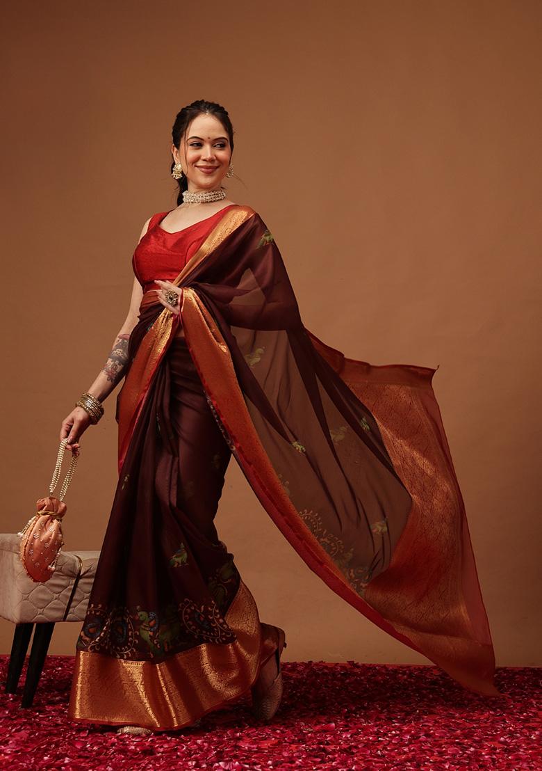Brown Printed Georgette Saree Set - Indya