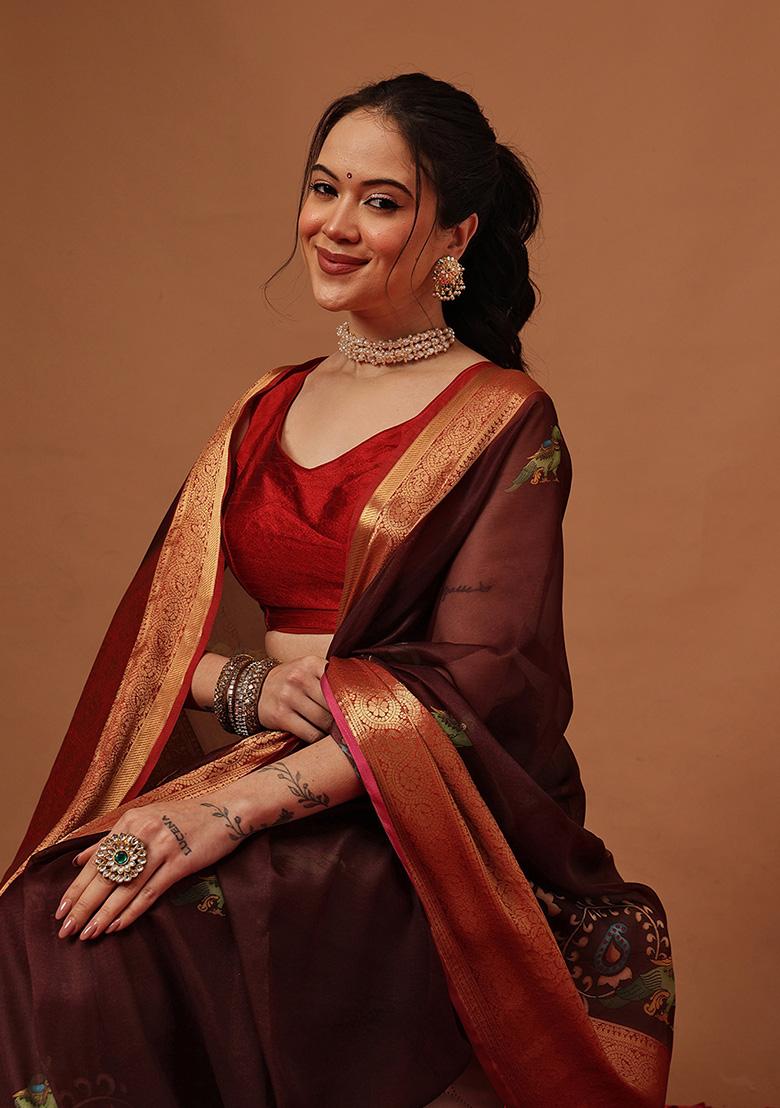 Brown Printed Georgette Saree Set - Indya