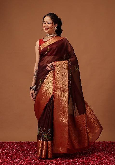Brown Printed Georgette Saree Set