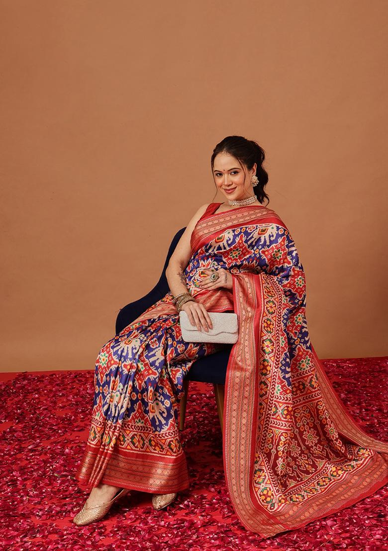 Blue Printed Silk Saree Set - Indya