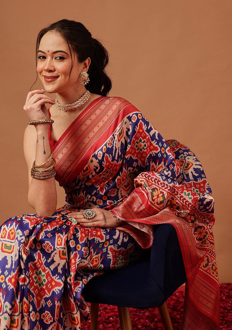 Blue Printed Silk Saree Set - Indya