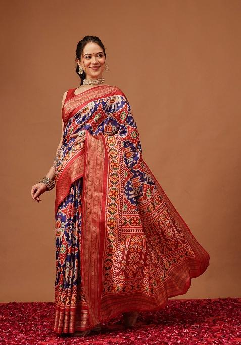 Blue Printed Silk Saree Set