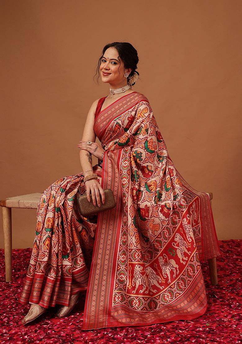 Beige Printed Silk Saree Set - Indya