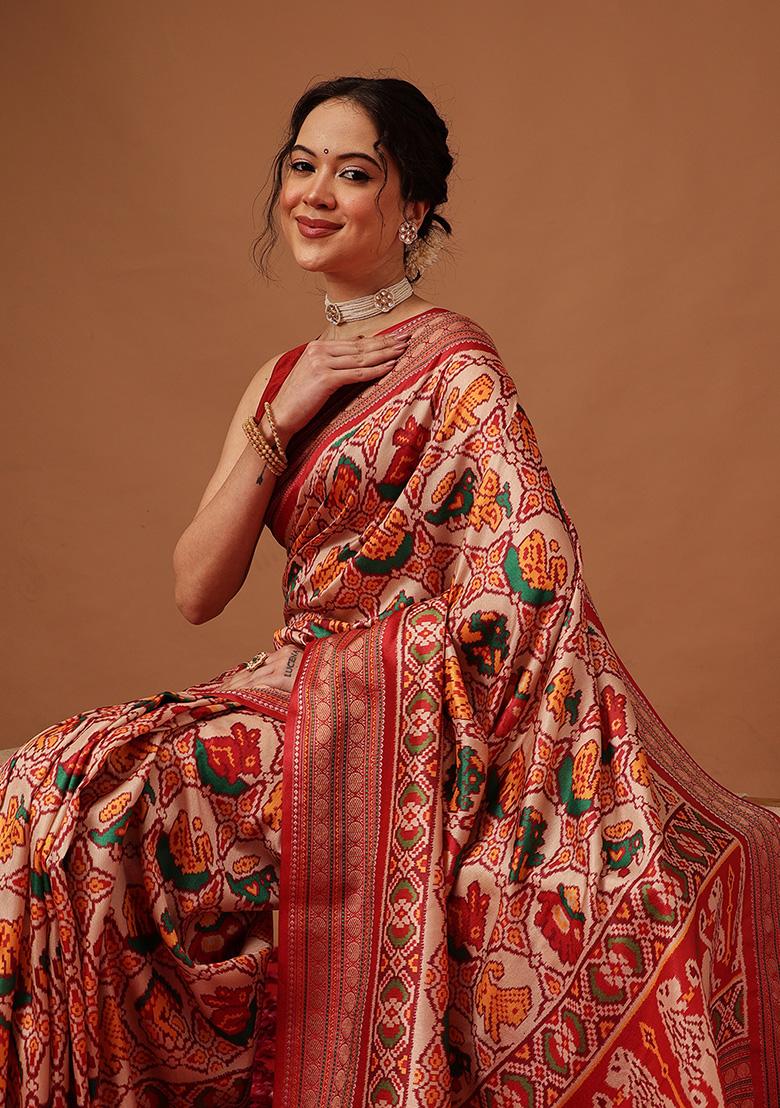 Beige Printed Silk Saree Set - Indya