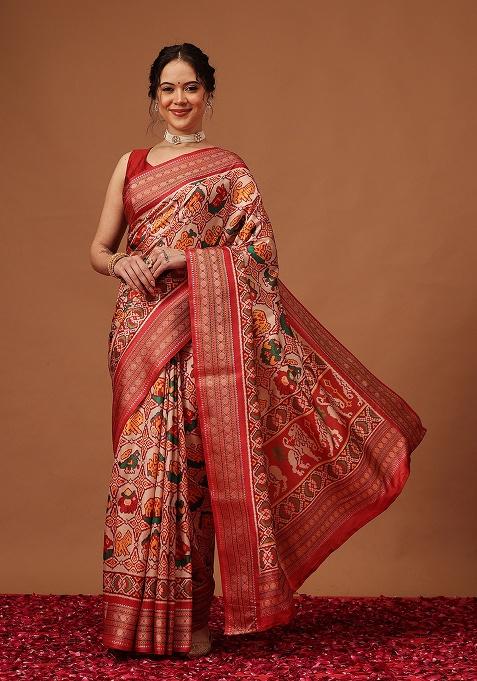 Beige Printed Silk Saree Set