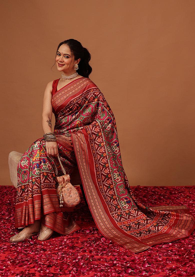 Pink Printed Silk Saree Set - Indya