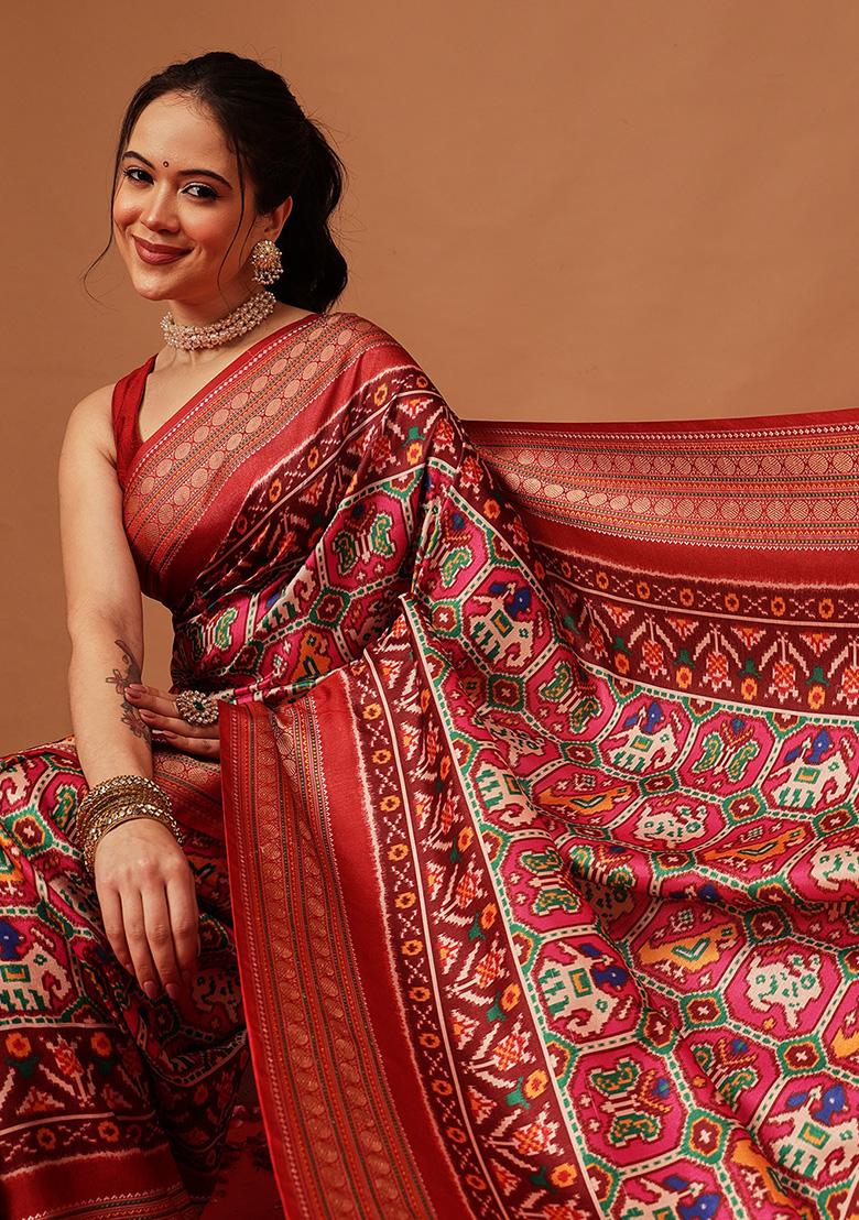 Pink Printed Silk Saree Set - Indya