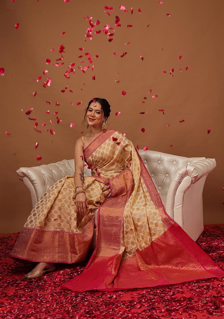 White Printed Silk Saree Set - Indya