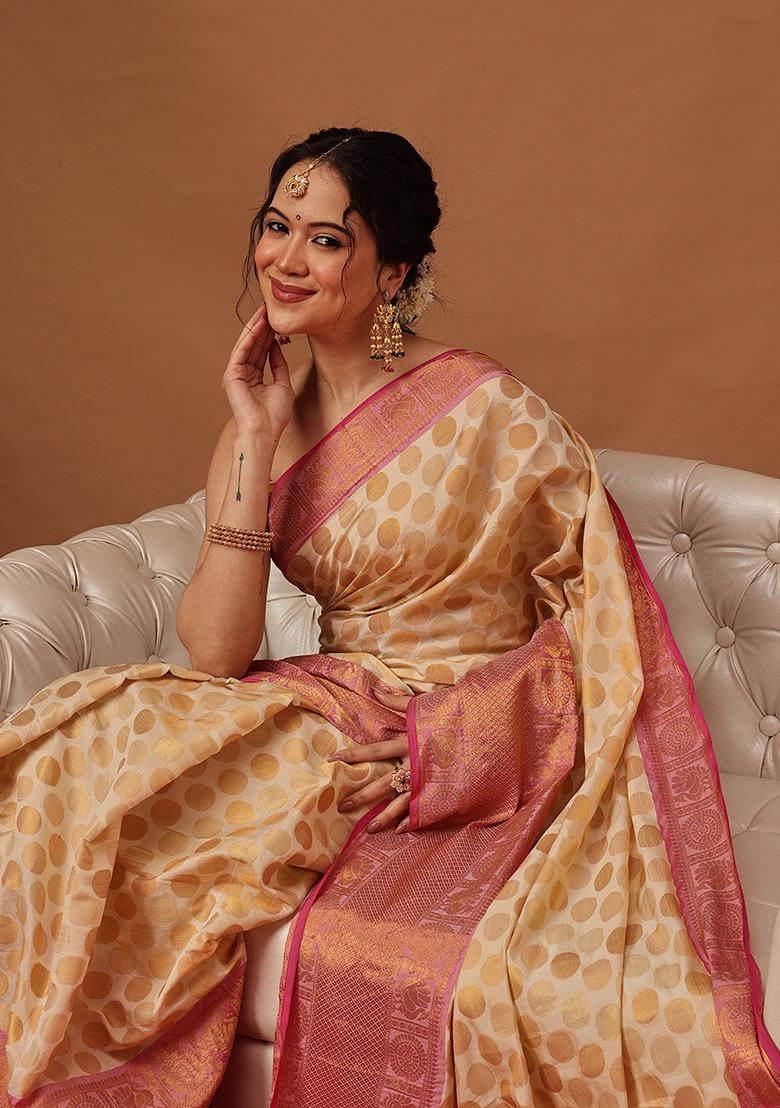 White Printed Silk Saree Set - Indya