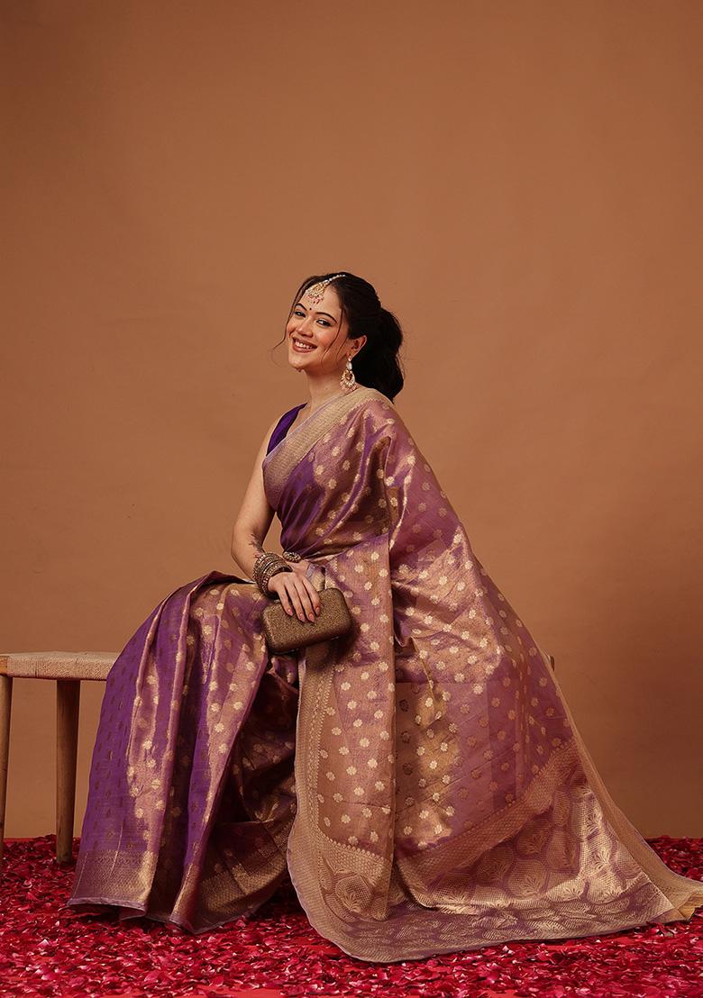 Purple Printed Tissue Saree Set - Indya