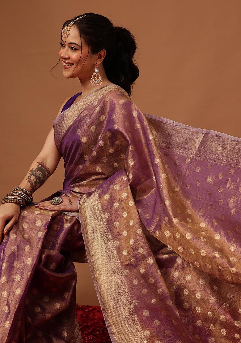 Purple Printed Tissue Saree Set - Indya