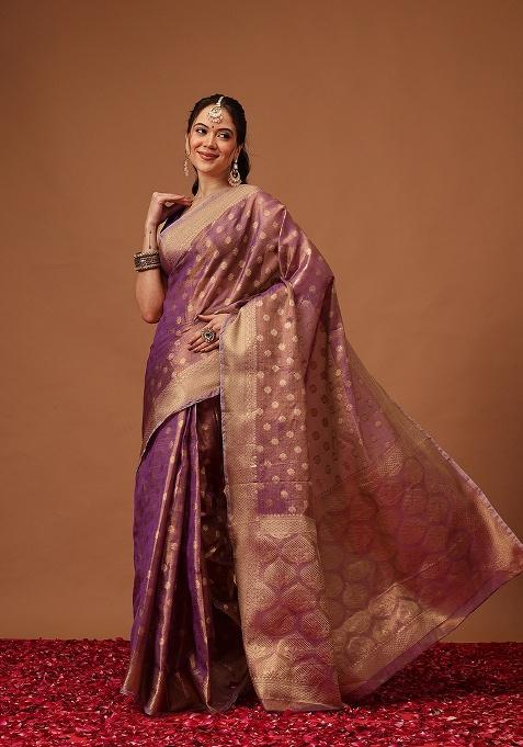 Purple Printed Tissue Saree Set