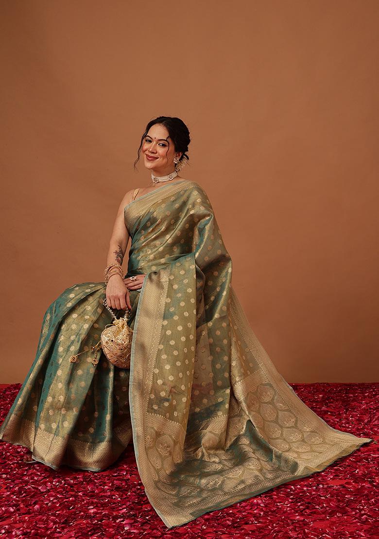 Teal Printed Tissue Saree Set - Indya