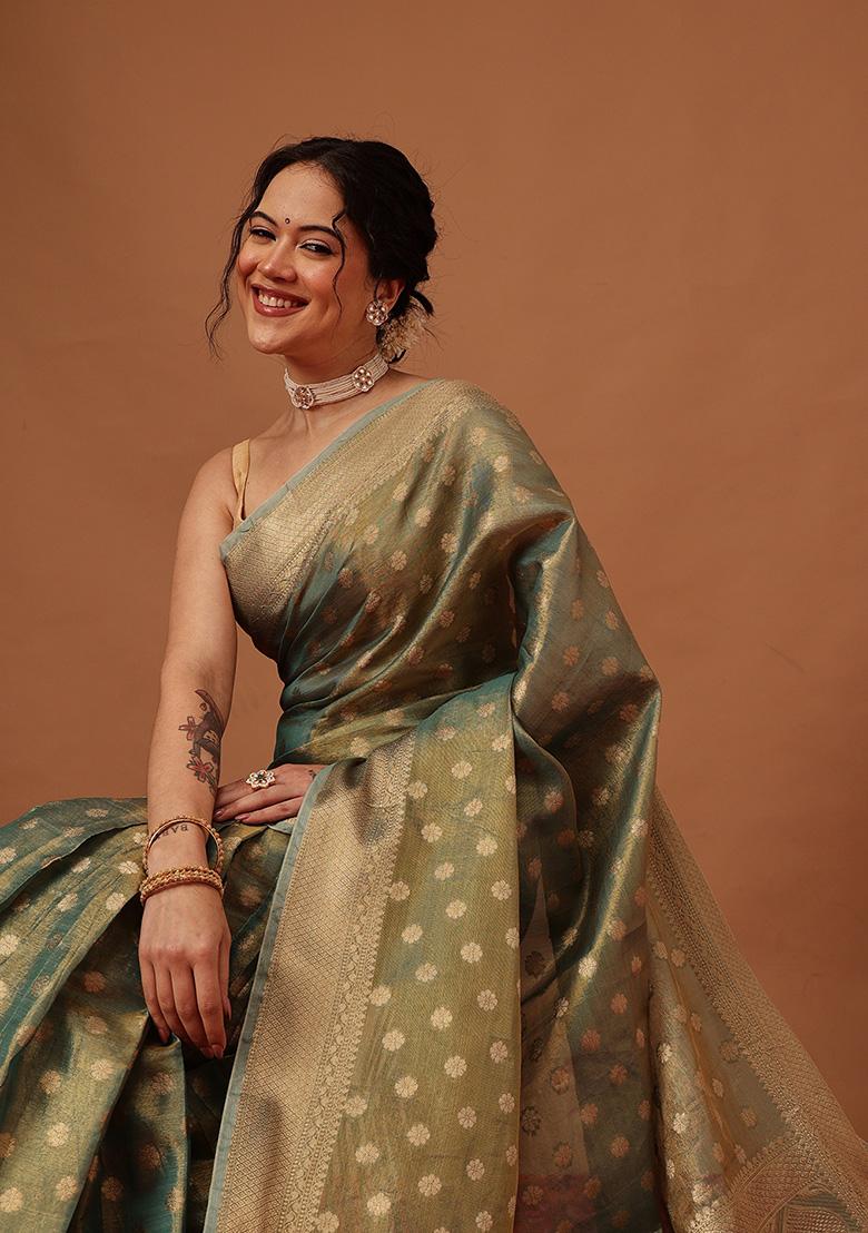 Teal Printed Tissue Saree Set - Indya