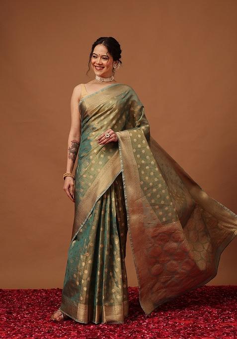 Teal Printed Tissue Saree Set