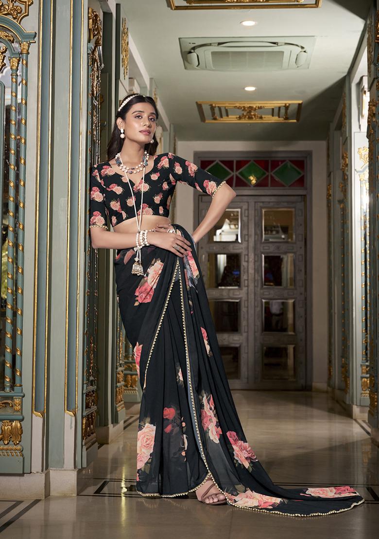 Black Printed Georgette Saree Set - Indya