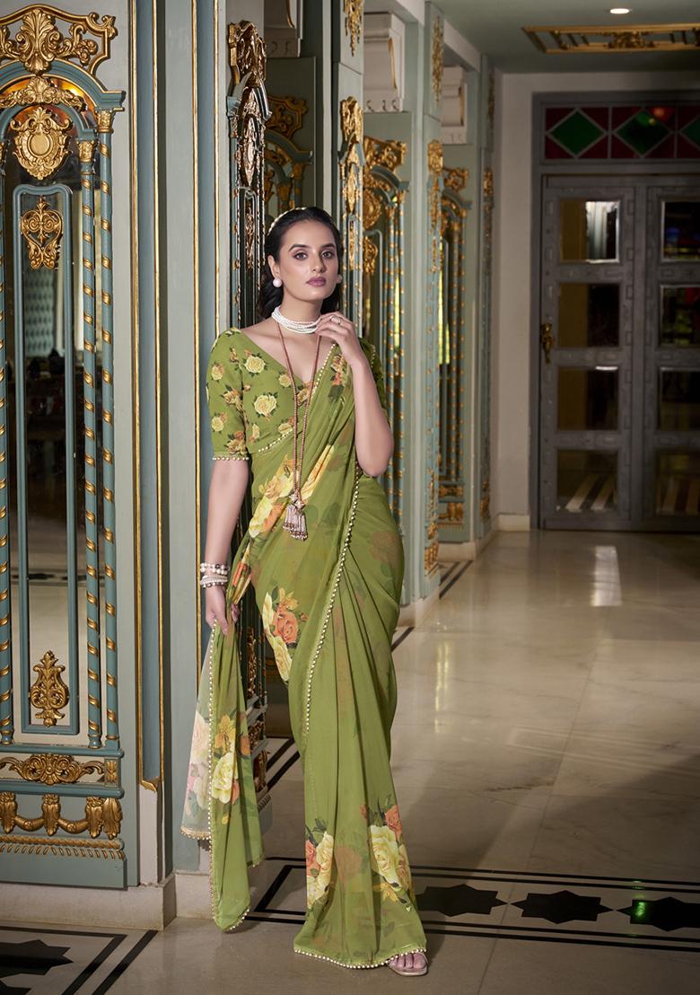 Mehendi Printed Georgette Saree Set - Indya