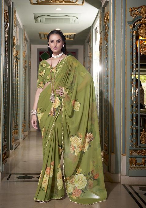 Mehendi Printed Georgette Saree Set