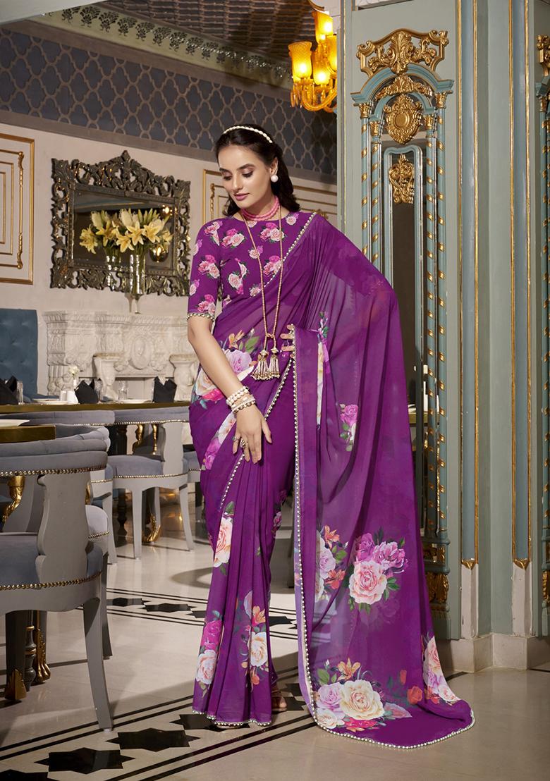 Purple Printed Georgette Saree Set - Indya