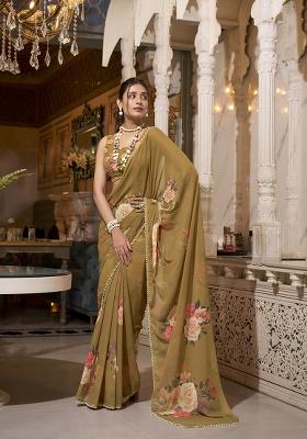 Brown Printed Georgette Saree Set