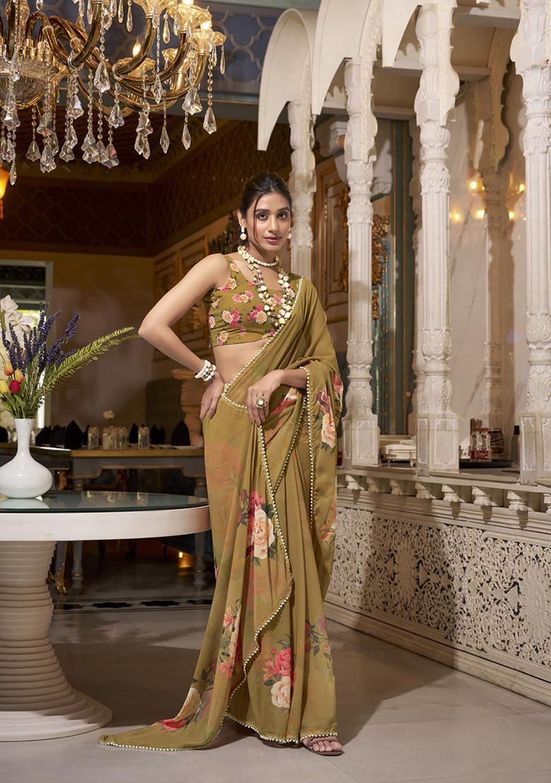 Brown Printed Georgette Saree Set - Indya