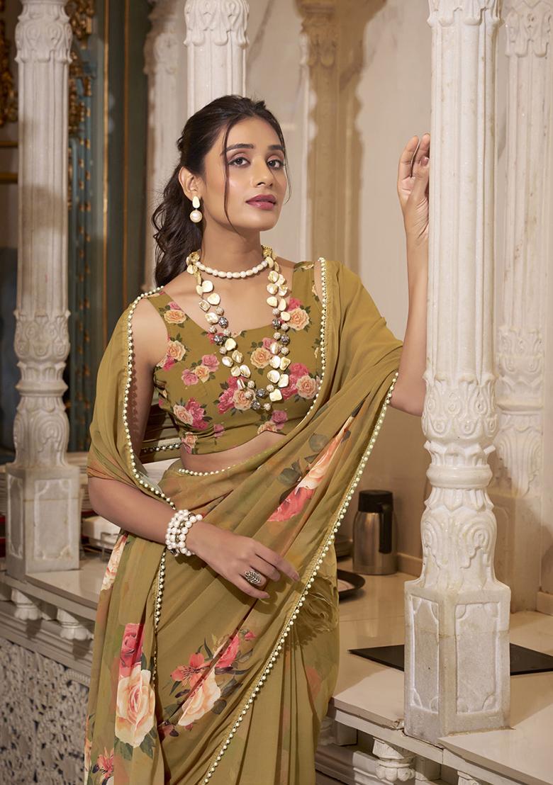 Brown Printed Georgette Saree Set - Indya