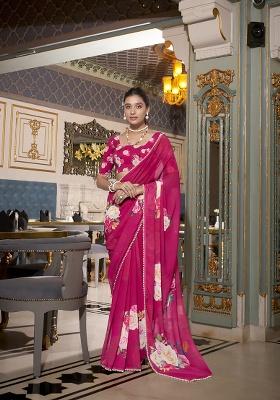 Pink Printed Georgette Saree Set