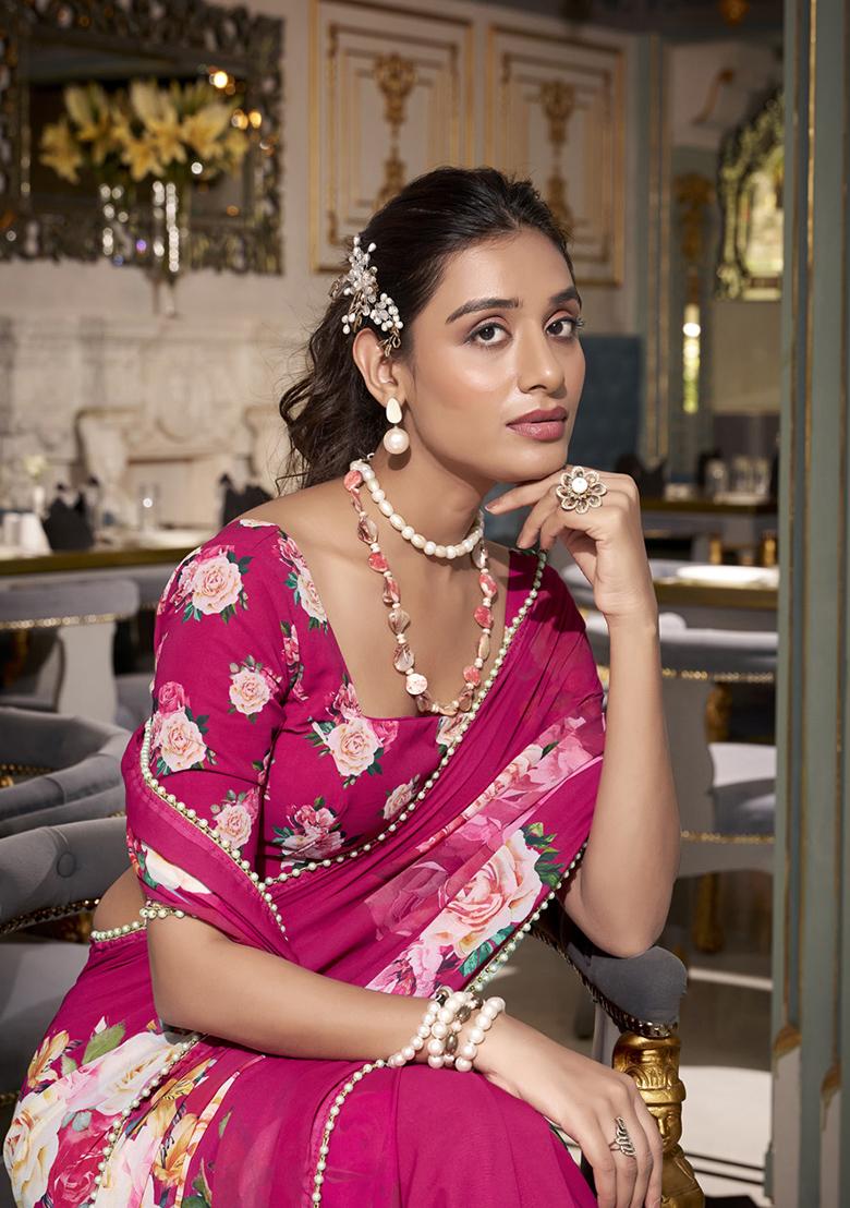 Pink Printed Georgette Saree Set - Indya