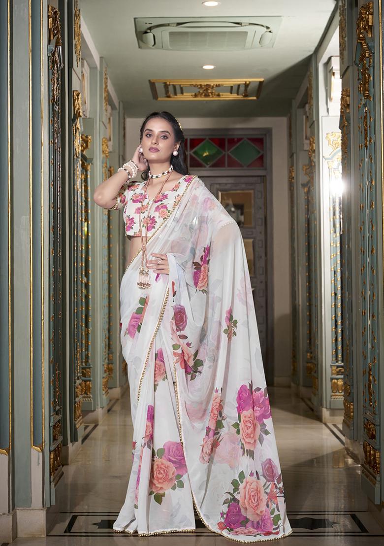 White Printed Georgette Saree Set - Indya