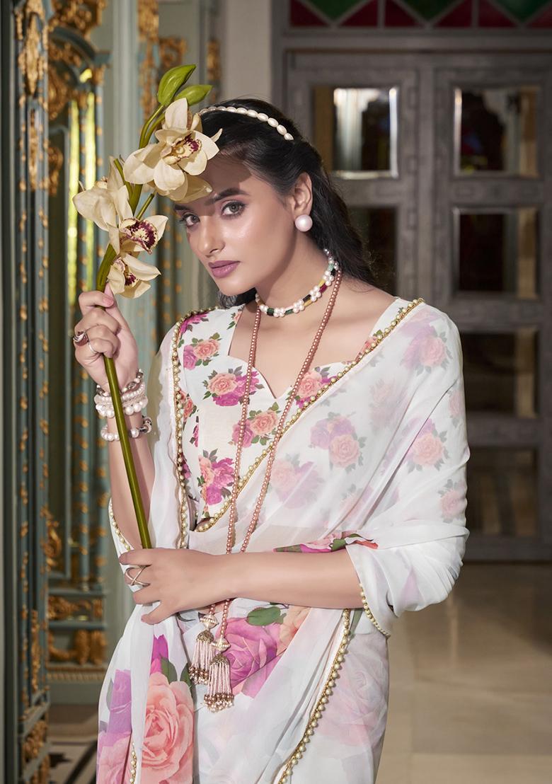 White Printed Georgette Saree Set - Indya