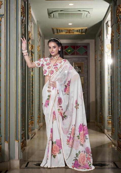 White Printed Georgette Saree Set