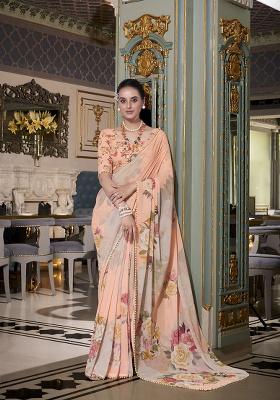 Peach Printed Georgette Saree Set