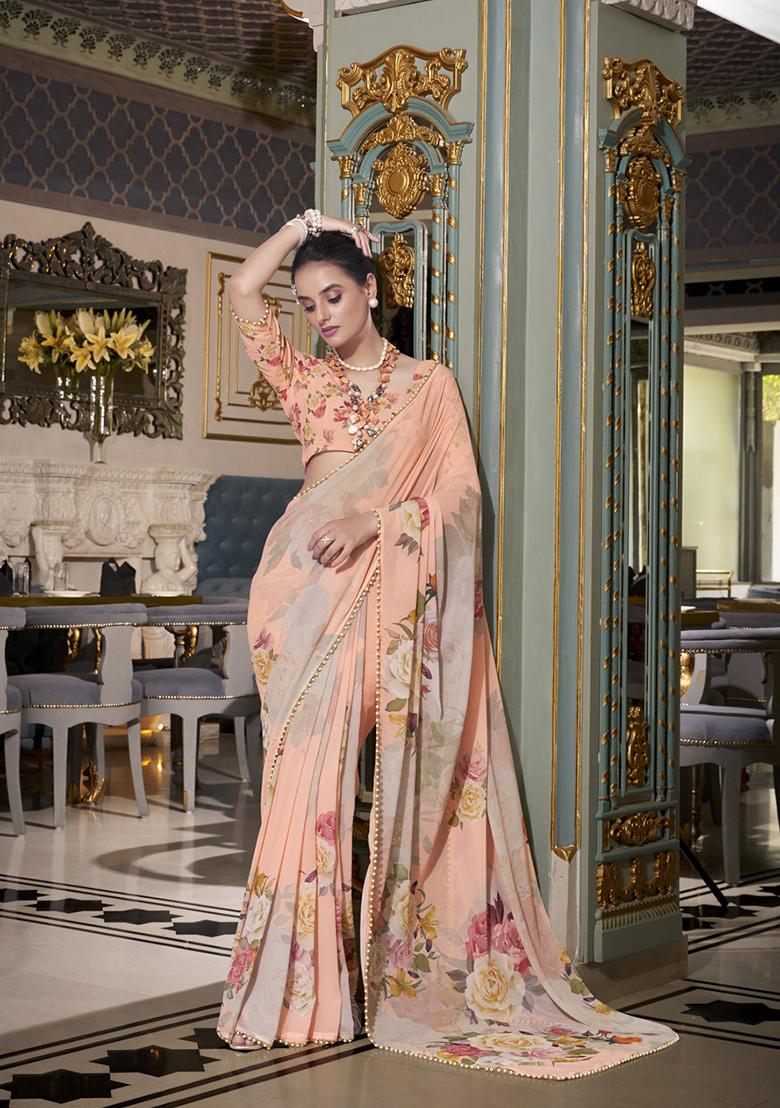 Peach Printed Georgette Saree Set - Indya