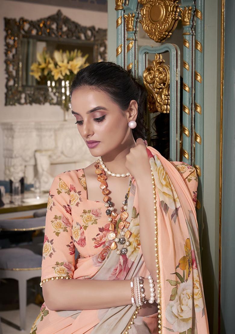Peach Printed Georgette Saree Set - Indya