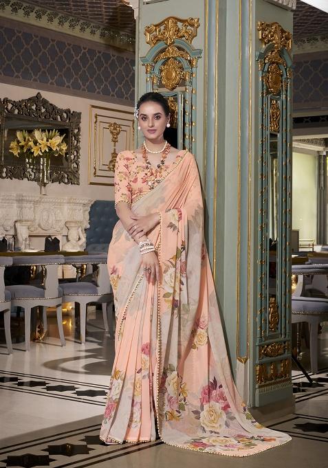 Peach Printed Georgette Saree Set