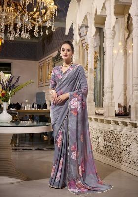 Grey Printed Georgette Saree Set
