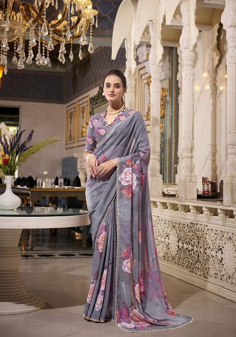 Grey Printed Georgette Saree Set