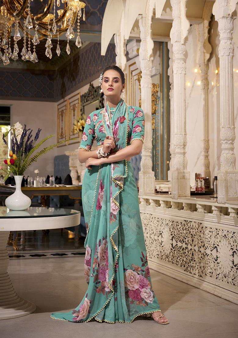 Green Printed Georgette Saree Set - Indya