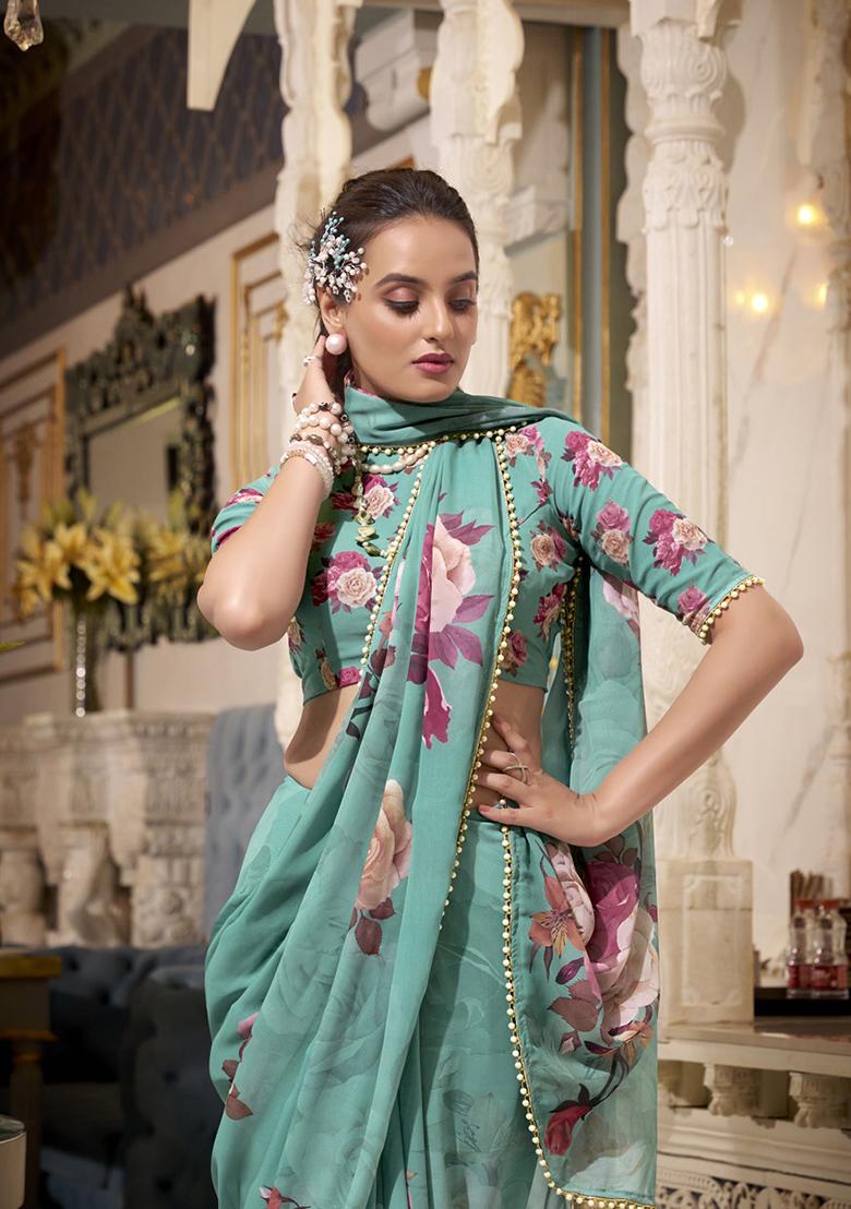 Green Printed Georgette Saree Set - Indya