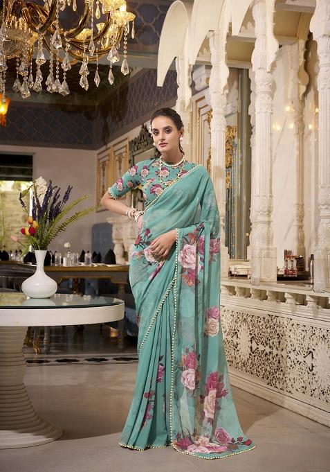 Green Printed Georgette Saree Set