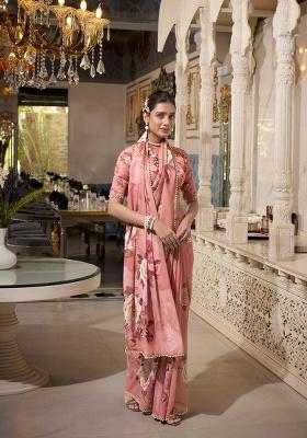 Orange Printed Georgette Saree Set