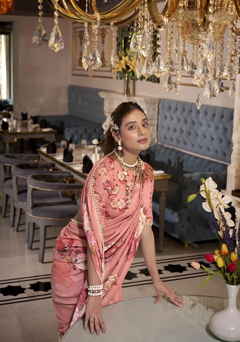 Orange Printed Georgette Saree Set - Indya