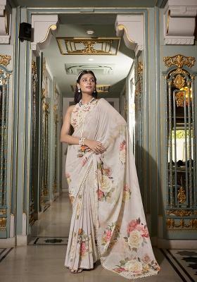 Off White Printed Georgette Saree Set