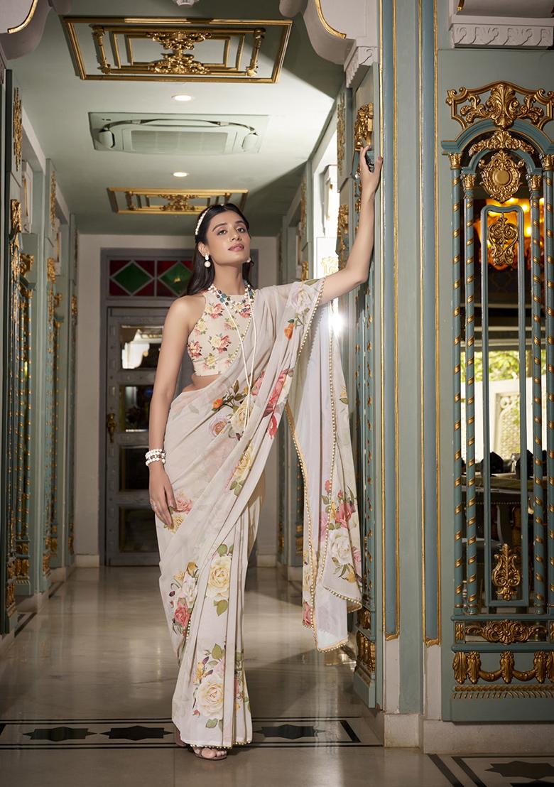 Off White Printed Georgette Saree Set - Indya